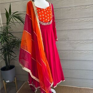 Vibrant Pink and Orange Anarkali Suit